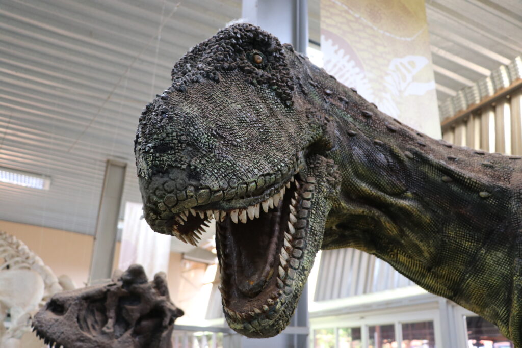 Imagem mostra a réplica de um dinossauro, dando ênfase para o seu tronco e cabeça.